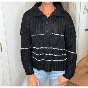 NEW COZY bella collared striped sweater top in black